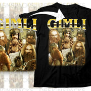 Black t-shirt with gold "Gimli" text and multiple dwarf characters.