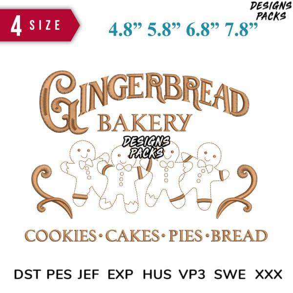 Gingerbread Bakery embroidery design with 4 sizes, cookie-cake-pie-bread text, and gingerbread men, in DST PES JEF formats