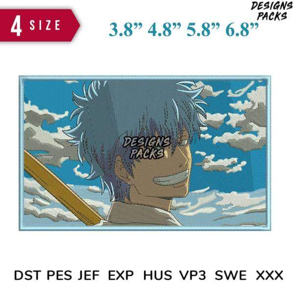 Anime character embroidery design with sky background, available in 4 sizes and multiple file formats