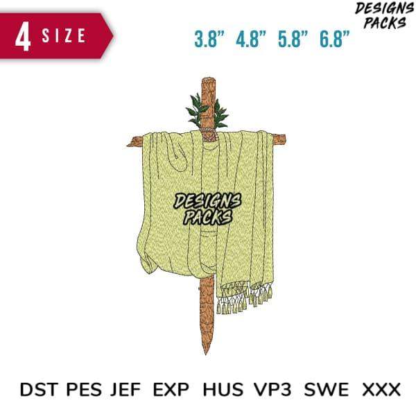 Embroidery design of towel on wooden rack with leaf accents, available in 4 sizes and multiple file formats