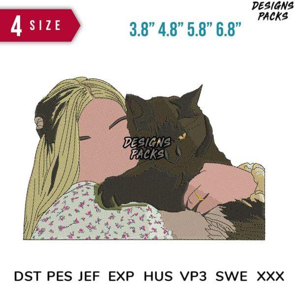 Embroidery design of girl hugging black cat, available in 4 sizes & formats like PES, DST, EXP for instant download