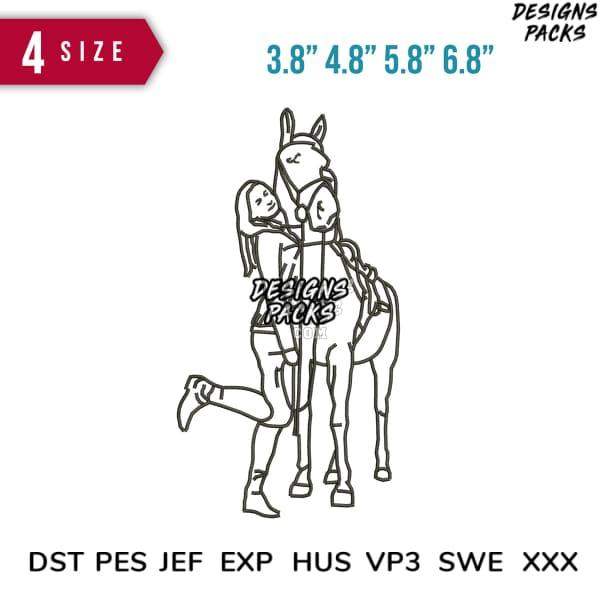 Girl hugging horse line art design, 4 sizes, embroidery formats DST PES JEF EXP HUS VP3 SWE XXX