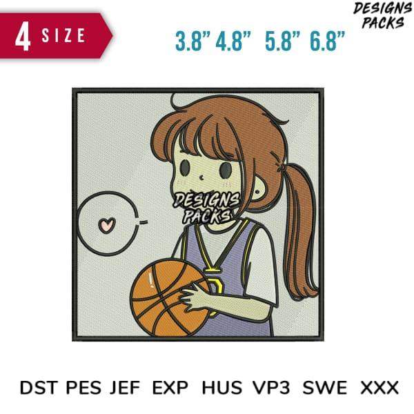 Cute girl holding basketball embroidery design in 4 sizes, compatible with DST PES JEF formats