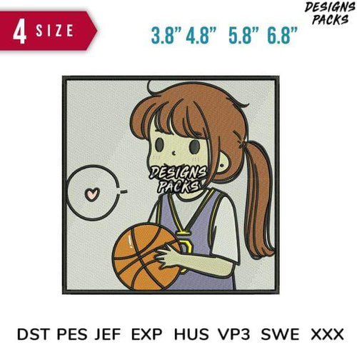 Cute girl holding basketball embroidery design in 4 sizes, compatible with DST PES JEF formats