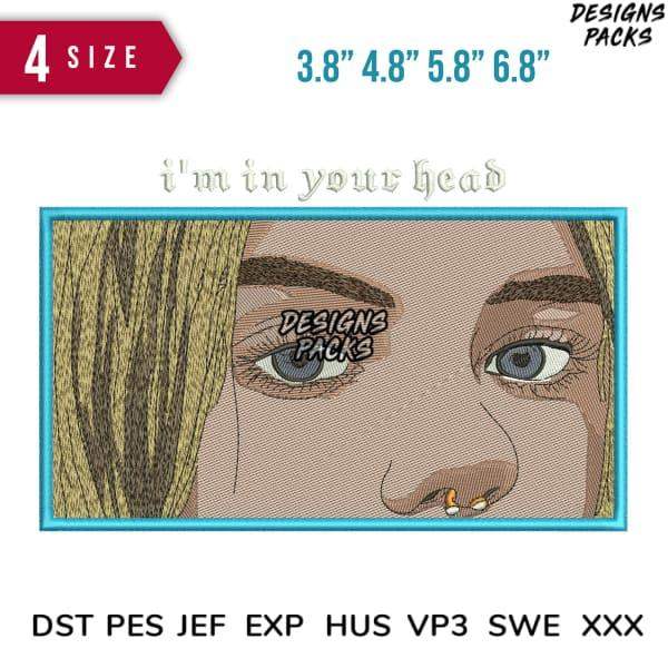 Embroidery design with blue eyes, blonde hair, and text 'i'm in your head' in multiple sizes
