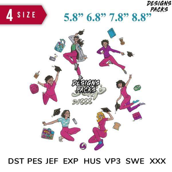 Graduation-themed embroidery designs in 4 sizes, print-ready formats for DTG/DTF and tumblers
