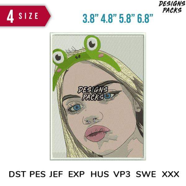 Embroidery design of girl with frog headband, 4 sizes, DST PES JEF formats