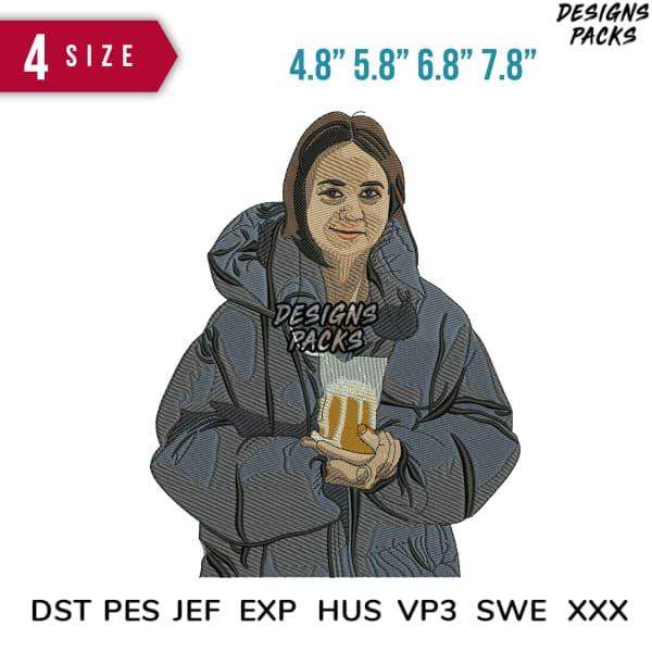 Embroidery design of woman in hoodie holding beer, available in 4 sizes & multiple formats for instant download