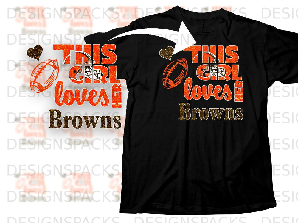 This girl loves Browns graphic on a black t-shirt with football and heart graphics.