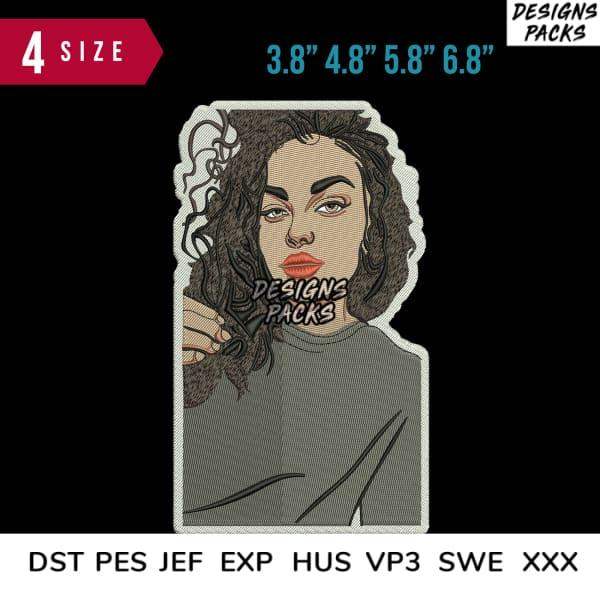 Embroidery design of woman with curly hair, available in 4 sizes, DST PES JEF formats
