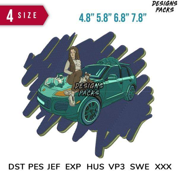 Embroidery design of woman with cats on teal SUV, 4 sizes, DST PES JEF formats