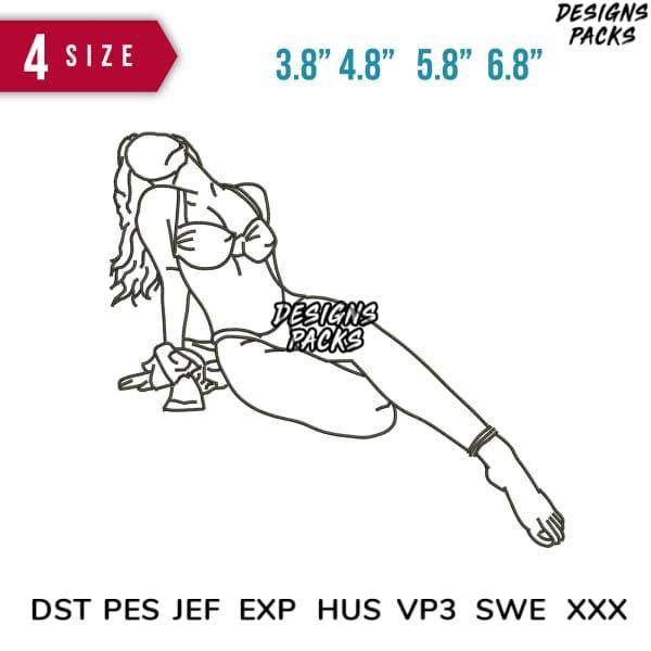 Print-ready embroidery design of woman in bikini, 4 sizes, DST PES JEF formats for DTG DTF