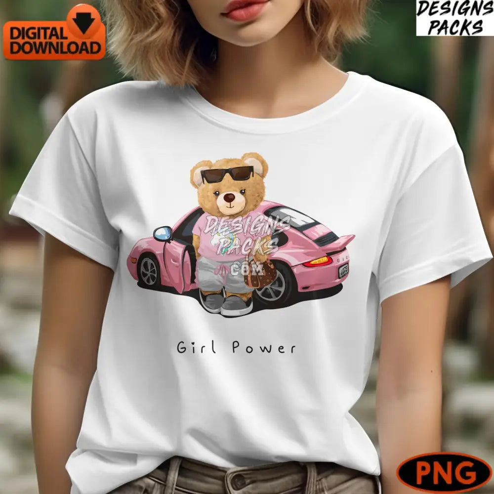 Girl Power Teddy Bear In Pink Car Digital Illustration Cute With Sunglasses Instant Download Png