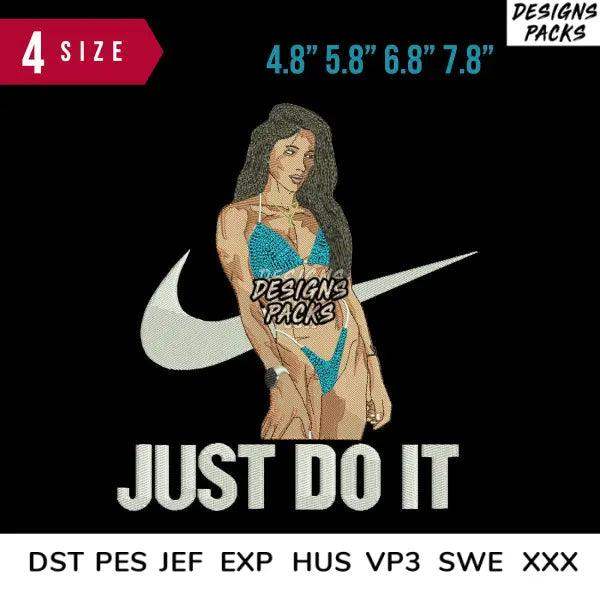 Embroidery design of woman in blue bikini with Nike swoosh, 'Just Do It' text, available in multiple formats