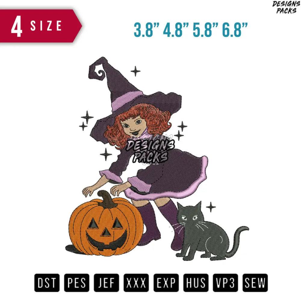 Girl Witch with Cat Halloween Embroidery Design