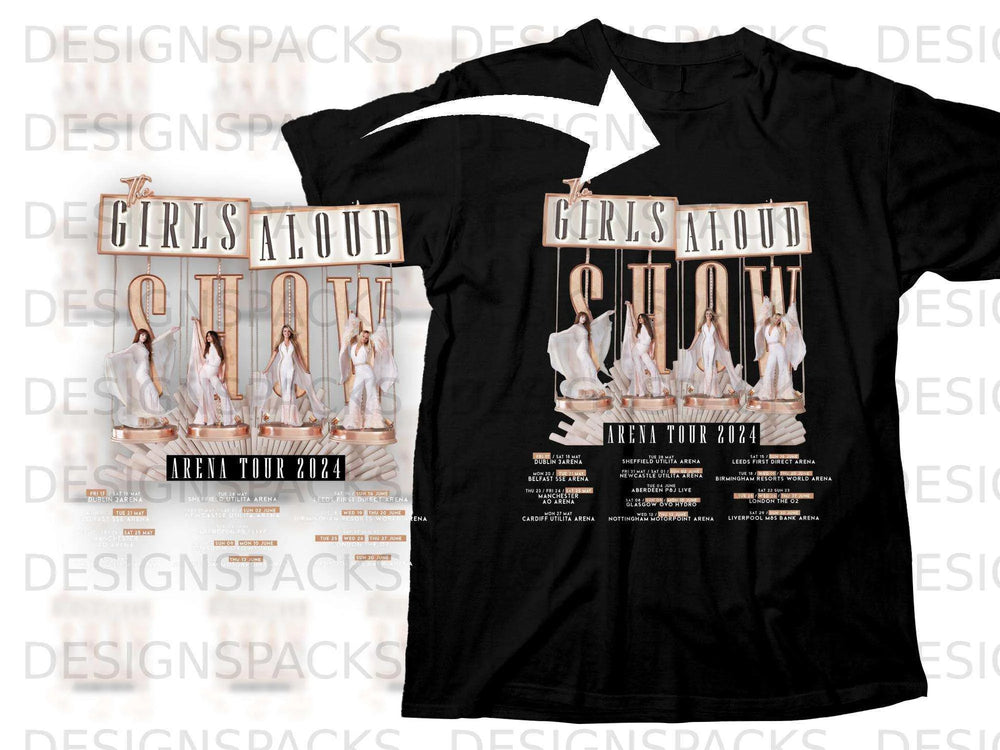 Girls Aloud Arena Tour 2024 t-shirt listing UK and Ireland dates and venues.