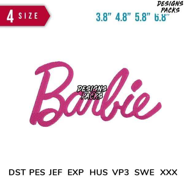 Pink Barbie script embroidery design in 4 sizes, compatible with DST PES JEF formats for instant download.