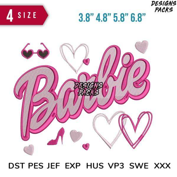 Barbie embroidery design with hearts, sunglasses, and heels in 4 sizes, PES DST formats