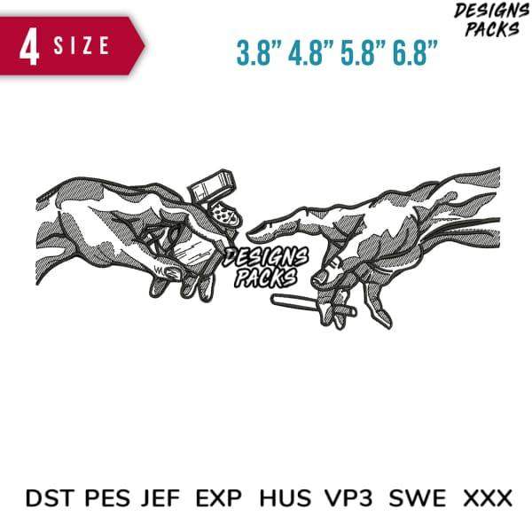 Embroidery design inspired by Creation of Adam, available in 4 sizes & formats like PES, DST, JEF for instant download