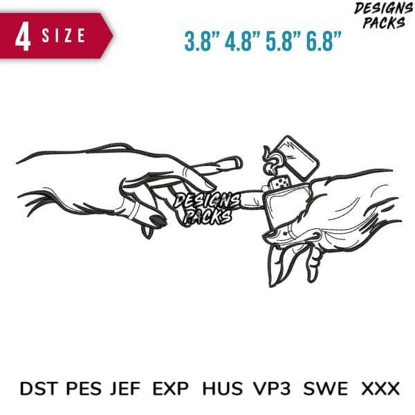 Embroidery design featuring hands with 'Designs Packs' text, available in multiple sizes and formats.