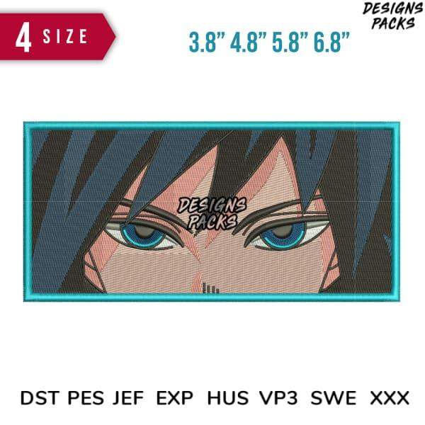 Anime eye embroidery design in 4 sizes, compatible with DST PES JEF formats for machine embroidery projects.