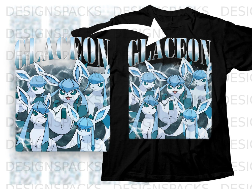 Black t-shirt featuring a graphic with multiple Glaceon characters and the text "GLACEON".