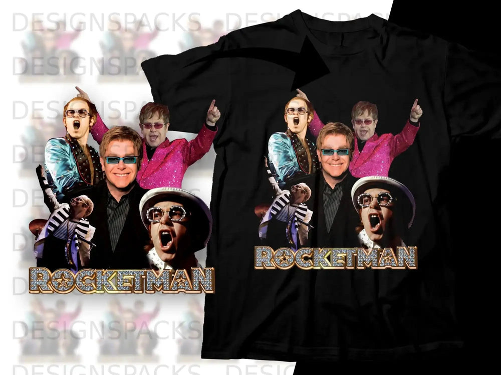 T-shirt graphic with Elton John in sparkly jacket and sunglasses, "Rocketman" text.