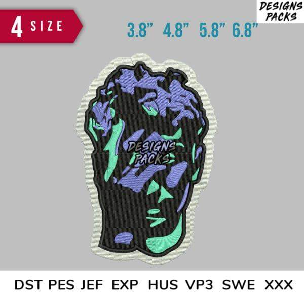 Embroidery design of stylized face in purple and teal, available in 4 sizes, DST PES JEF formats