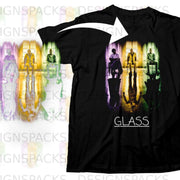 Black t-shirt with "Glass" movie poster art featuring three figures reflected.