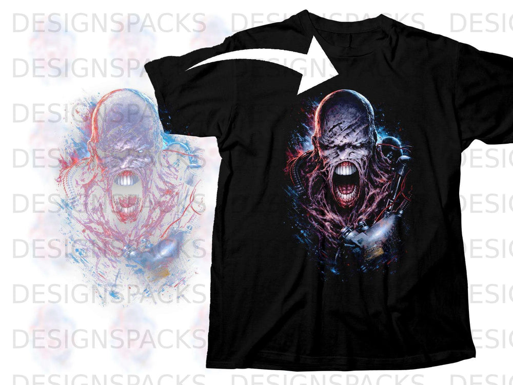Black t-shirt with a detailed graphic of a monstrous, screaming creature with glowing eyes and mechanical parts.