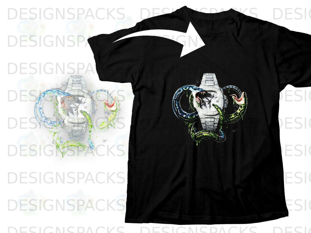 Black t-shirt with graphic of a diamond watch wrapped in a snake.