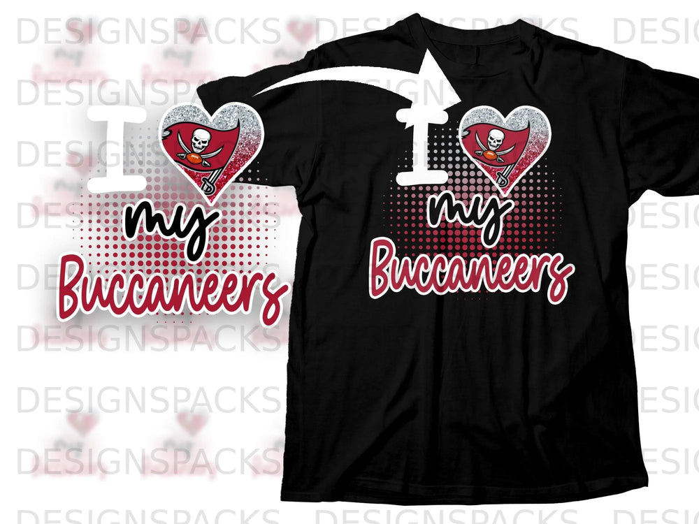 Black t-shirt with "I my Buccaneers" graphic and Buccaneers skull logo.