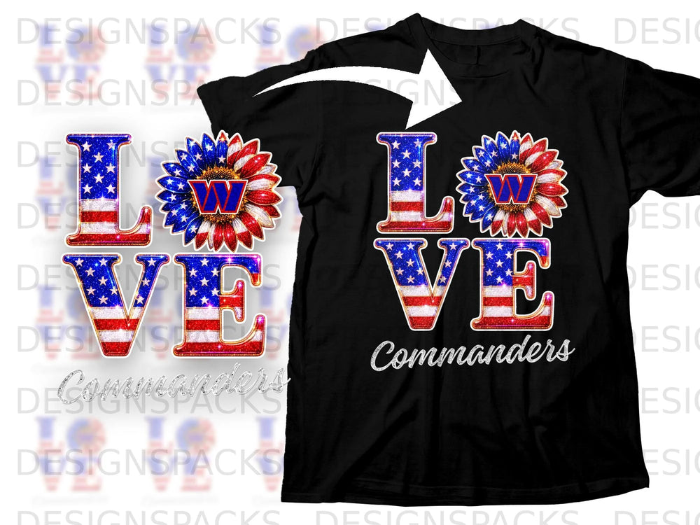 Black t-shirt with glittery "LOVE" design featuring American flag elements and "Commanders" text.