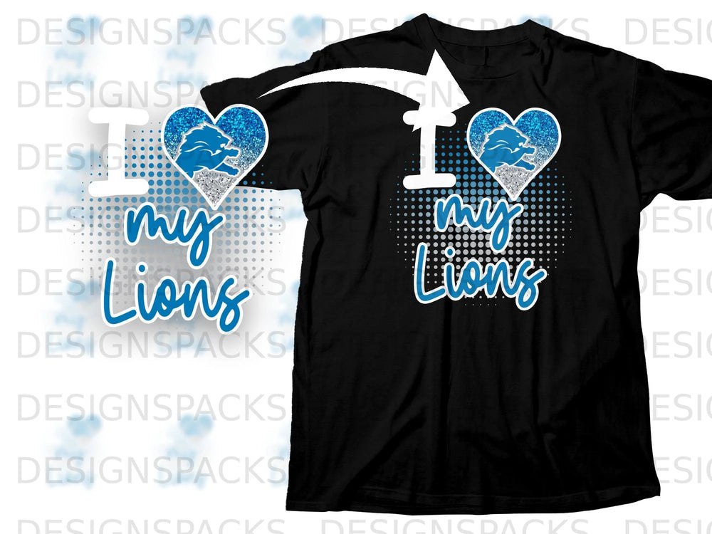 Black t-shirt with "I my Lions" graphic featuring a lion inside a heart.