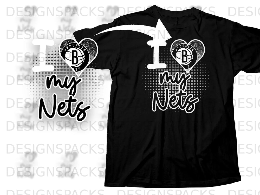 Black t-shirt with "I my Nets" graphic featuring Brooklyn Nets heart logo.