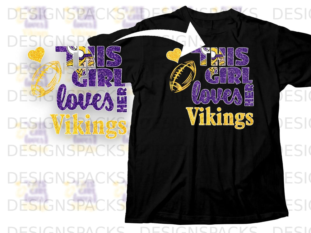 Black t-shirt with "This girl loves Vikings" text and football graphic.