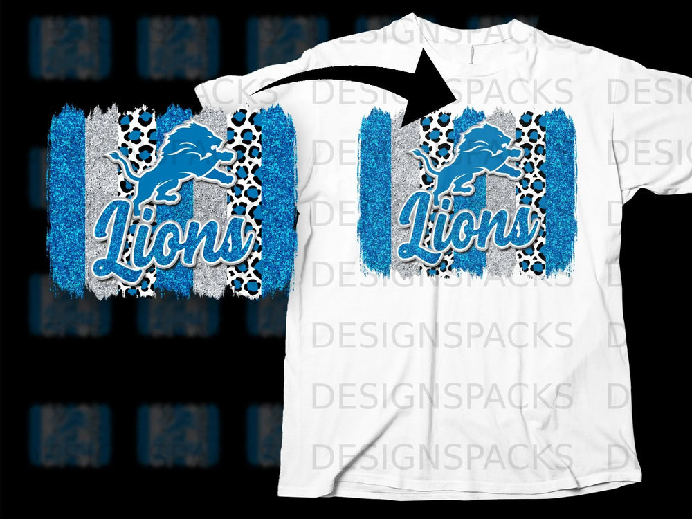 Detroit Lions logo with blue glitter and leopard print on a white t-shirt.
