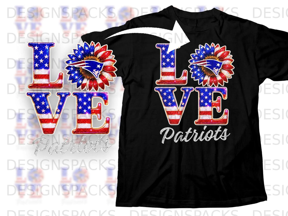 Black t-shirt with "LOVE Patriots" graphic featuring American flag letters and a sunflower.