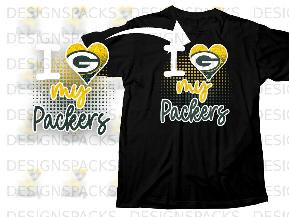 Black t-shirt with "I love my Packers" and Green Bay Packers logo heart.