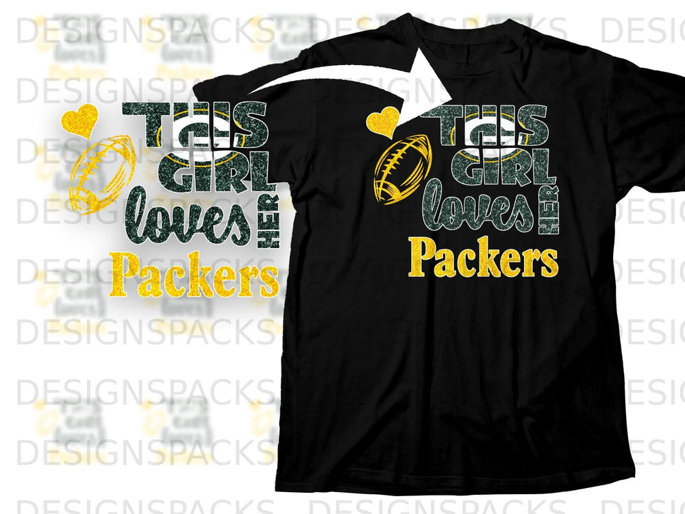 This girl loves Packers text with football and heart graphics on a black shirt.