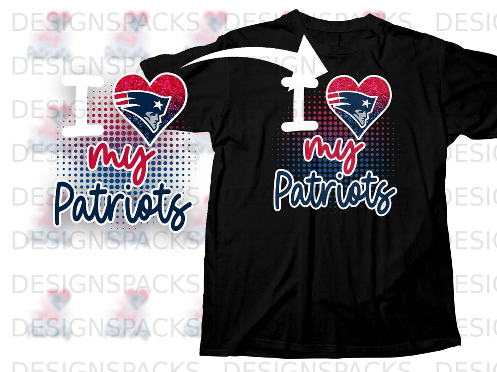 "I Love My Patriots" design on a black t-shirt with glitter heart and dotted background.