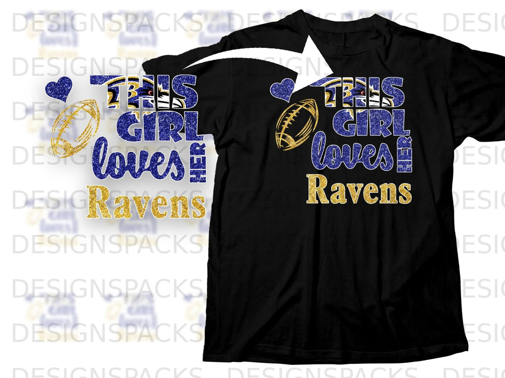 Black T-shirt with "This Girl Loves Ravens" text and football graphic.