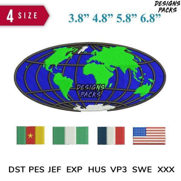World map embroidery design in 4 sizes, available in DST PES JEF formats for instant download