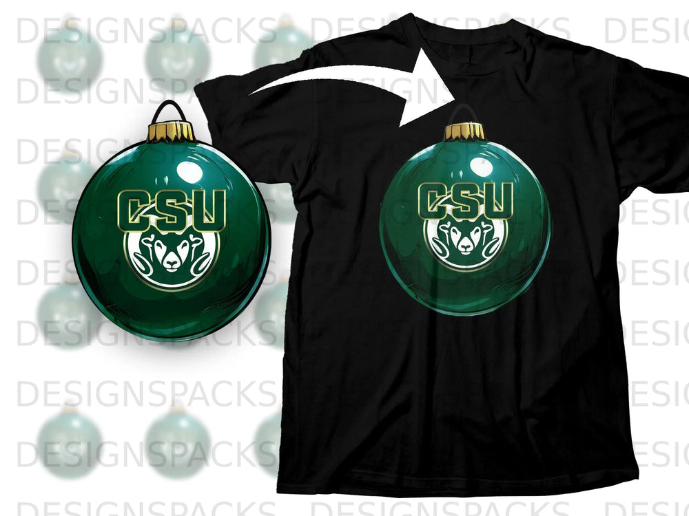 Black t-shirt with a green CSU Rams ornament graphic.
