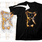 Black t-shirt featuring a vibrant artistic graphic of a chihuahua.