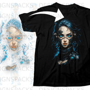 Black t-shirt with cyberpunk woman graphic and glowing blue eyes.
