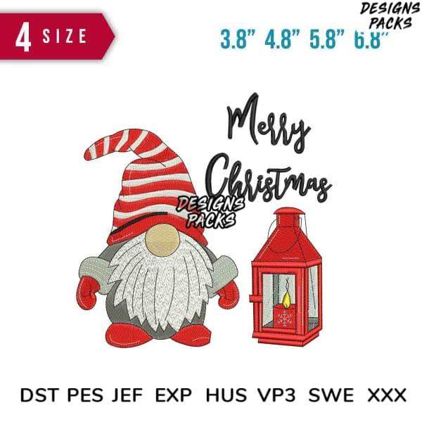 Merry Christmas gnome embroidery design with lantern, available in PES, DST, EXP formats for holiday crafts