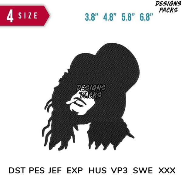Embroidery design silhouette with dreadlocks, available in multiple sizes and formats for instant download.