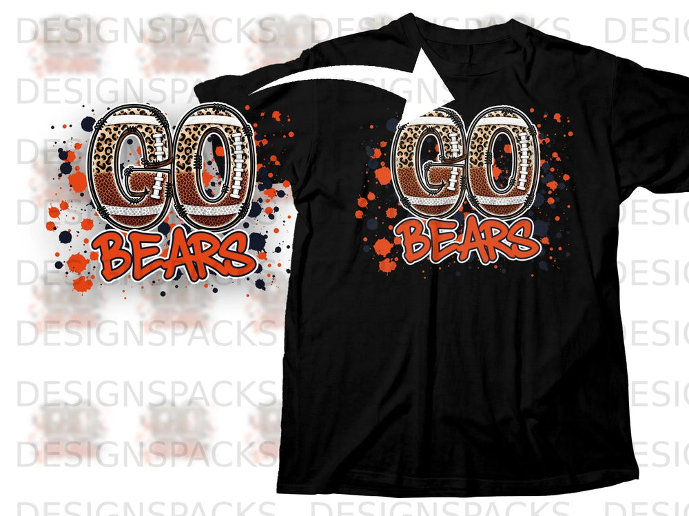 Black t-shirt with leopard print and football-themed "GO BEARS" graphic.