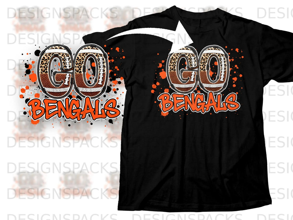 Black t-shirt with "GO BENGALS" graphic featuring footballs and leopard print.